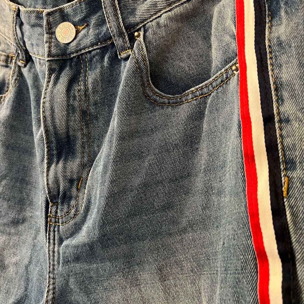 NWT Nasty Gal Momokrom Mom Jeans Side Stripe Raw Hem High Rise  UK10 (US-6) - Picture 2 of 8